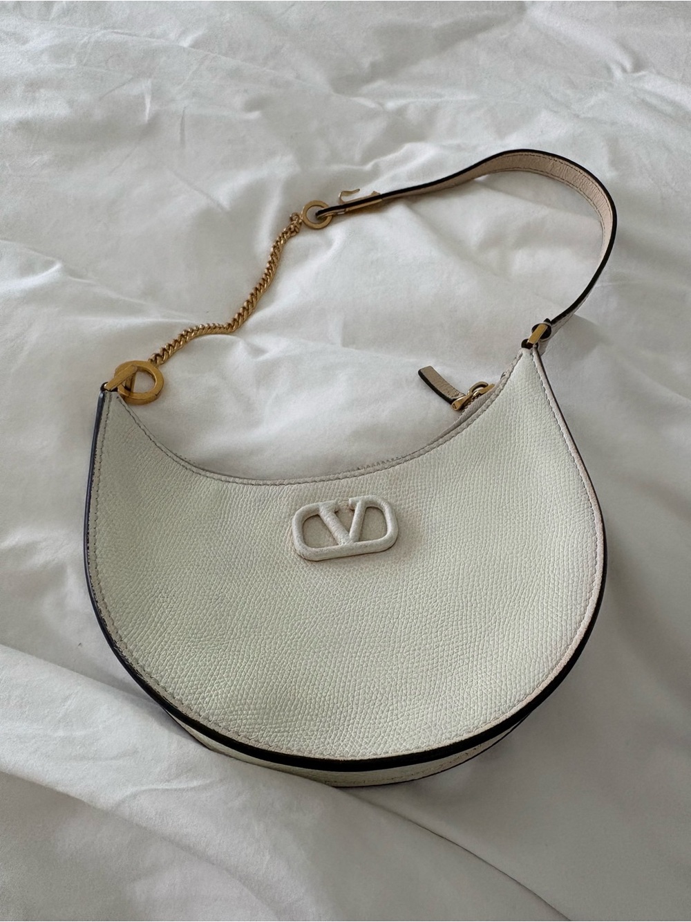 Valentino Garavani Cream Crescent Shoulder Bag with Gold Chain